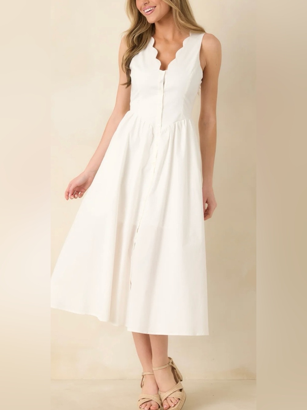 Millibon Cream Scalloped Neck Button Front Midi Dress Size M Cottagecore
